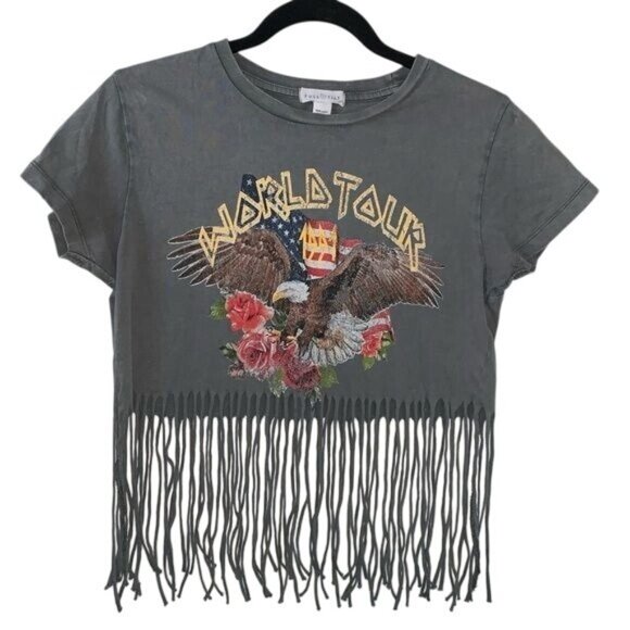 World Tour Fringe Hem Graphic Crop Top XS Full Tilt 100% Cotton Gray Eagle & Ros - Picture 1 of 8